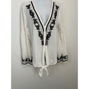 Moon Drops Women M Tunic Boho Blouse Embroidered Bell Sleeves V Neck Floral